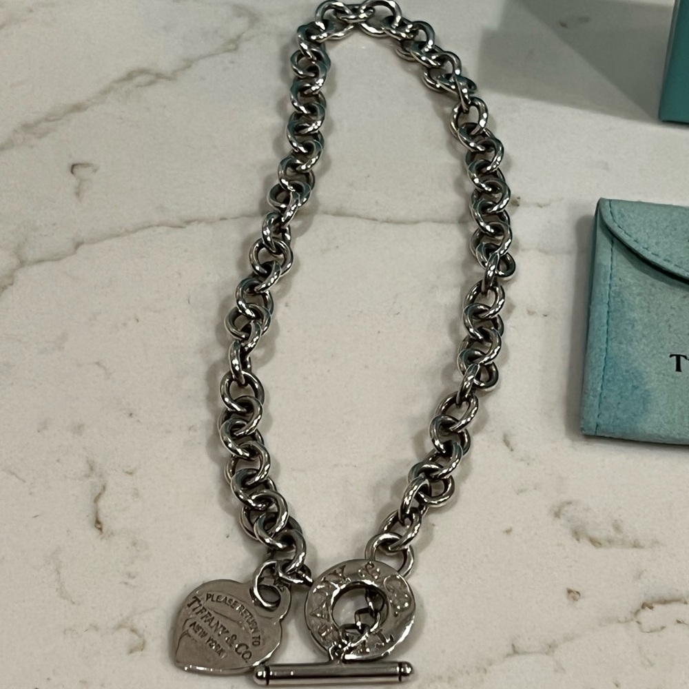 Tiffany & Co. Silver Heart Tag Toggle Necklace on Blue - Picture 6 of 10